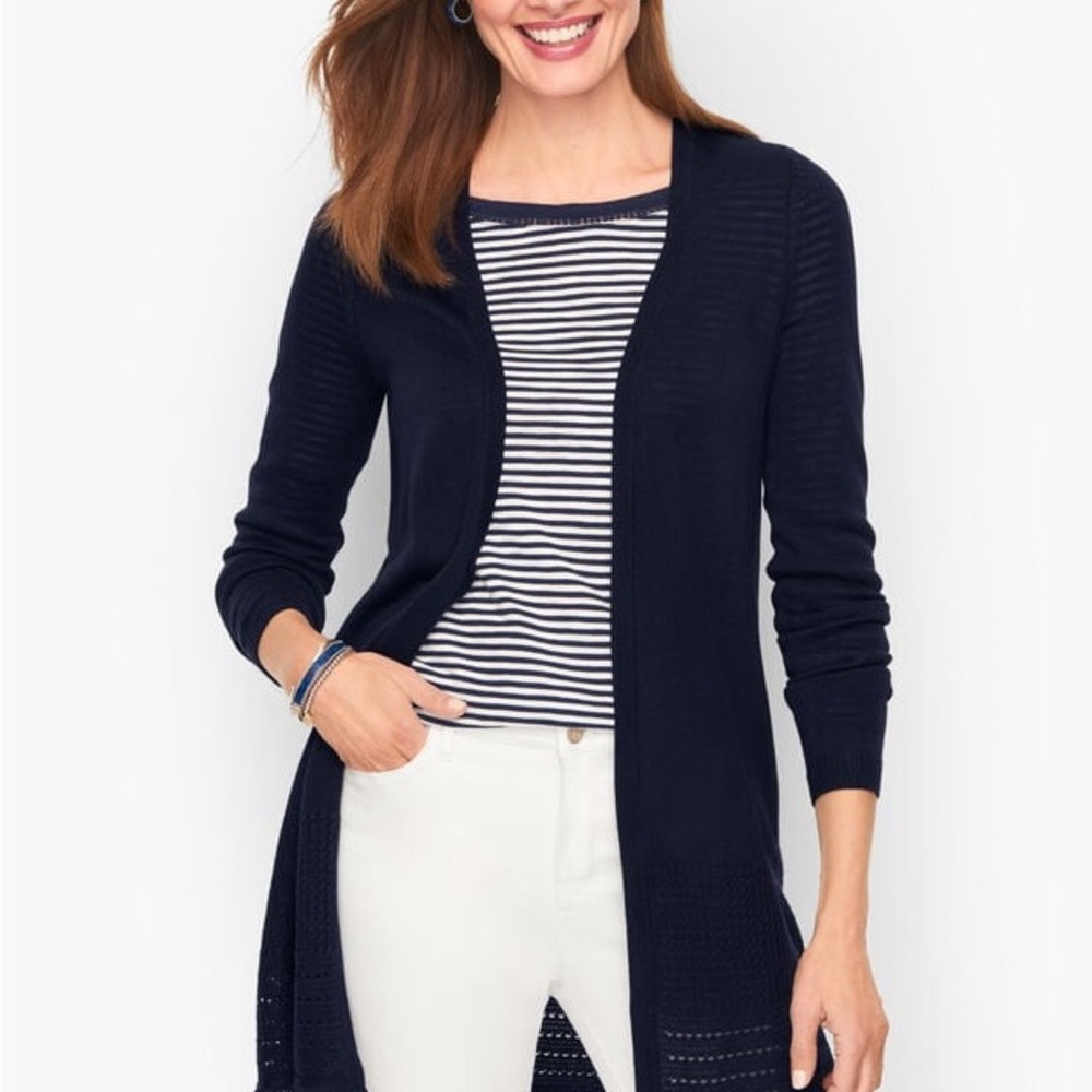 Talbots Navy Textured Fringe Cardigan